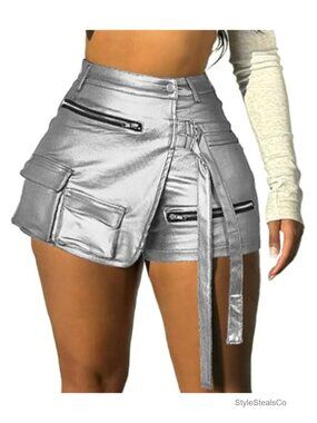 Faux Leather High Waisted Cargo Skort Multi Pocket Metallic Rave Shorts